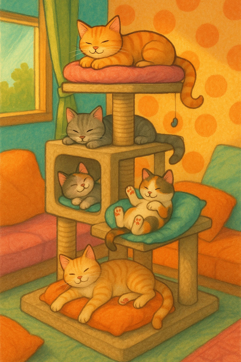 cats relaxing in a vertical playhouse emoji