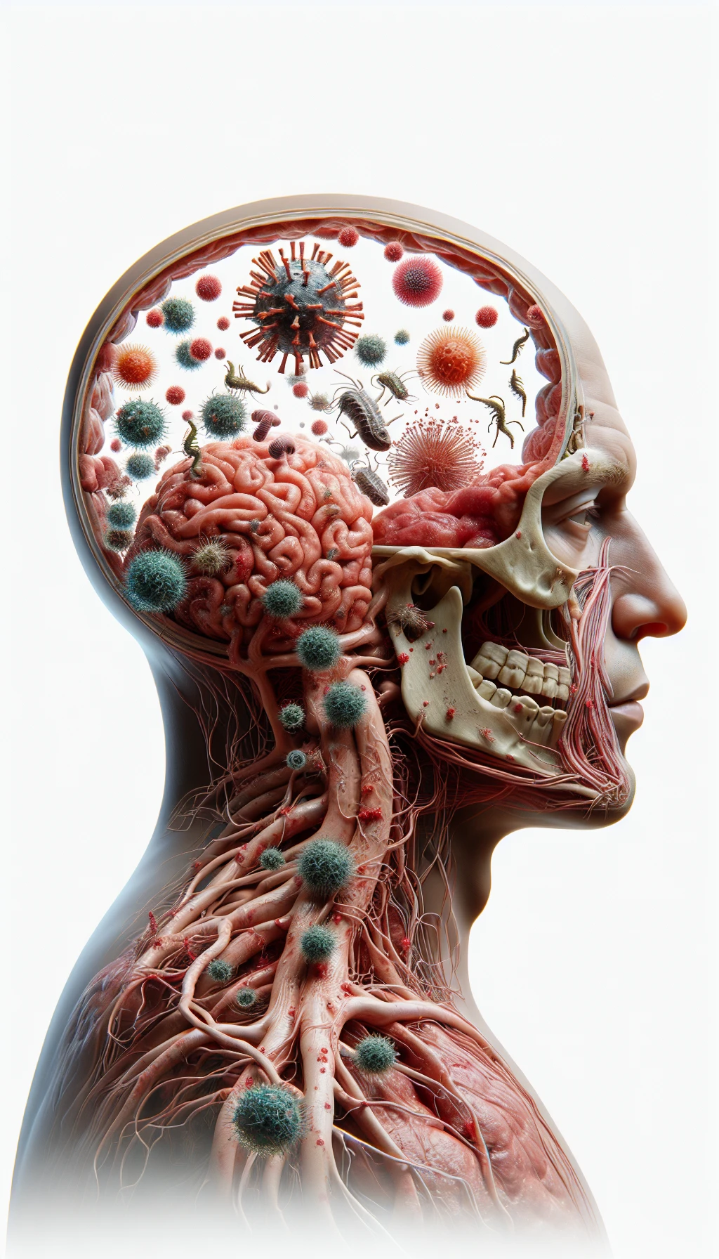 corpo umano anatomico di profilo con virus e parassiti che cercano di attaccarlo , isolato su sfondo bianco, iperrealistico 4k emoji