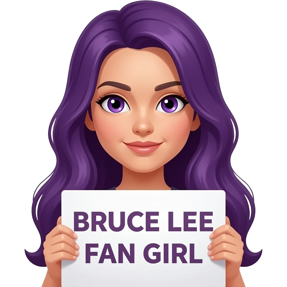 sexy girl with long purple hair and purple eyes holding BRUCE LEE FAN GIRL sign emoji