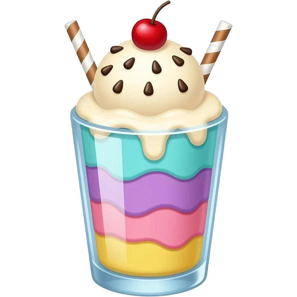 sundae dans un verre transparent, multicolore pastel clair, turquoise mauve rose jaune, étagé emoji