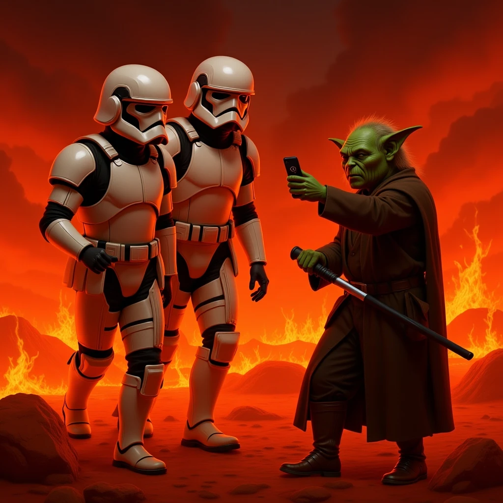 make digital poster art of Camera POV, Starwars stormtroopers vlogging selfie, he is walking on lava planet with yoda
 emoji