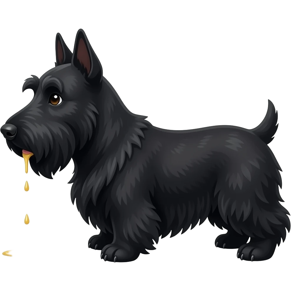 Black Scottie dog in profile with small puddle of yellow urine on the floor under his hind paws, white background. Nothing coming from his mouth emoji