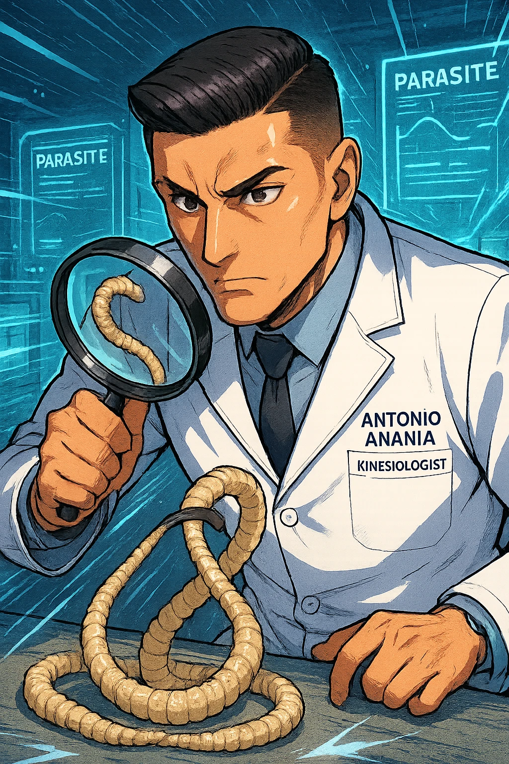 A dynamic manga/webtoon-style illustration of a young male kinesiologist wearing a clean white lab coat, analyzing light beige worms like a tapeworm under a magnifying glass. His expression is focused and slightly intrigued, with sharp, detailed eyes. The art style is vibrant, with bold linework, rich colors, and dramatic lighting. The background is a futuristic laboratory with glowing holographic screens displaying parasite data. The tapeworm is intricately drawn, slimy and segmented, with a slightly exaggerated yet realistic texture. The composition is dynamic, with motion lines or energy effects to emphasize his scientific investigation. The atmosphere is intense but not dark, keeping a balance between scientific seriousness and stylish manga aesthetics, he has "ANTONIO ANANIA" WRITTEN ON WHITE LAB COAT emoji
