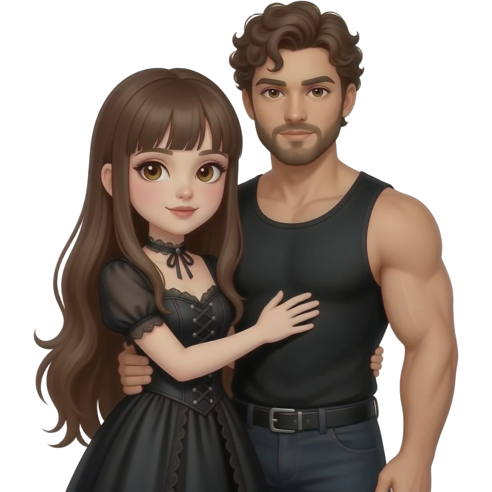 realistic sexy pale skin long straight brown hair girl brown eyes long face wearing gothic dress and gothic makeup HD and her muscular man short brown curly hair and beard hugging emoji