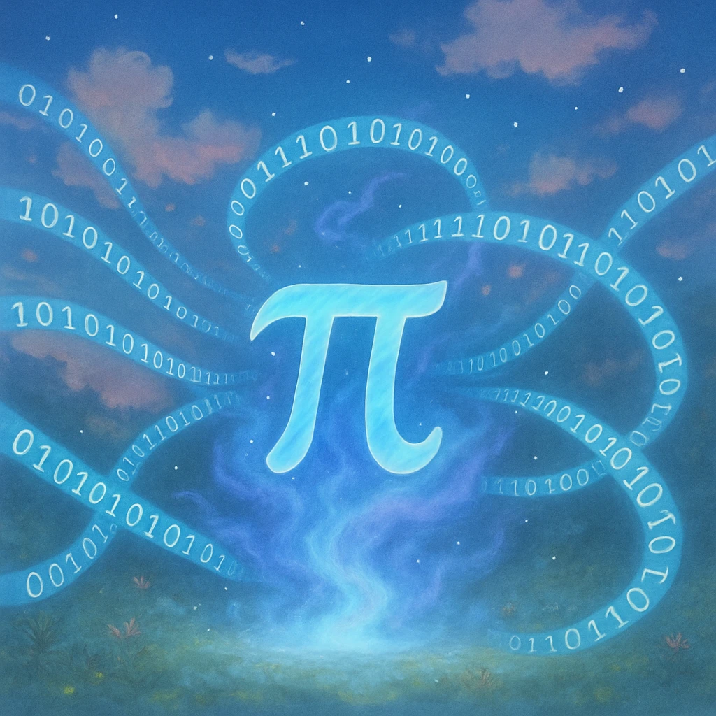  combine the π (pi) math symbol, binary code, and digital mist emerging from it. emoji