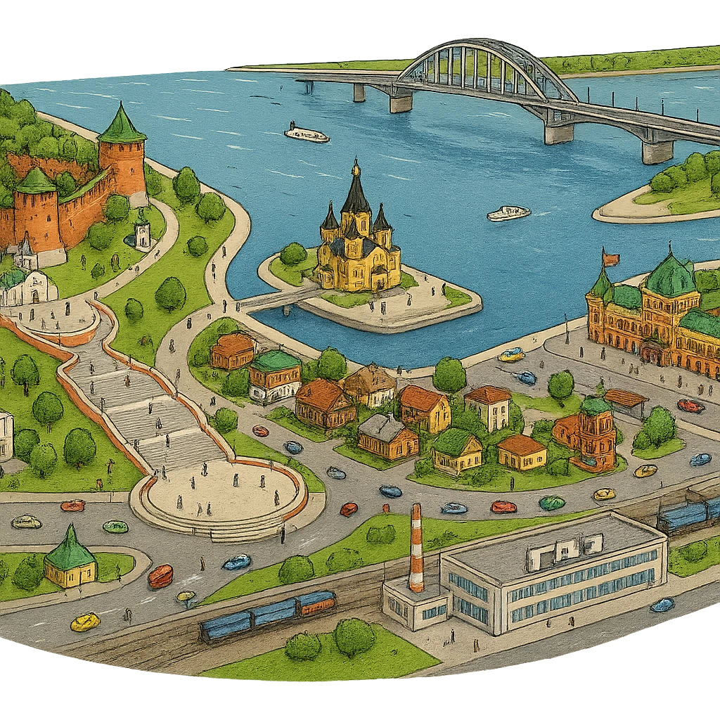 Изометричная миниатюрная фотореалистичная 3D модель панорамы Нижнего Новгорода - Нижегородский Кремль, Стрелка между Окой и Волгой, ГАЗ, Чкаловская лестница, Борский Мост через Волгу, Нижегородская ярмарка, нижегородские дома, автотранспорт четкие линии, яркие цвета, мультяшный реализм, люди, автотранспорт, компактная композиция, вид сверху в изометрии, прозрачный фон emoji