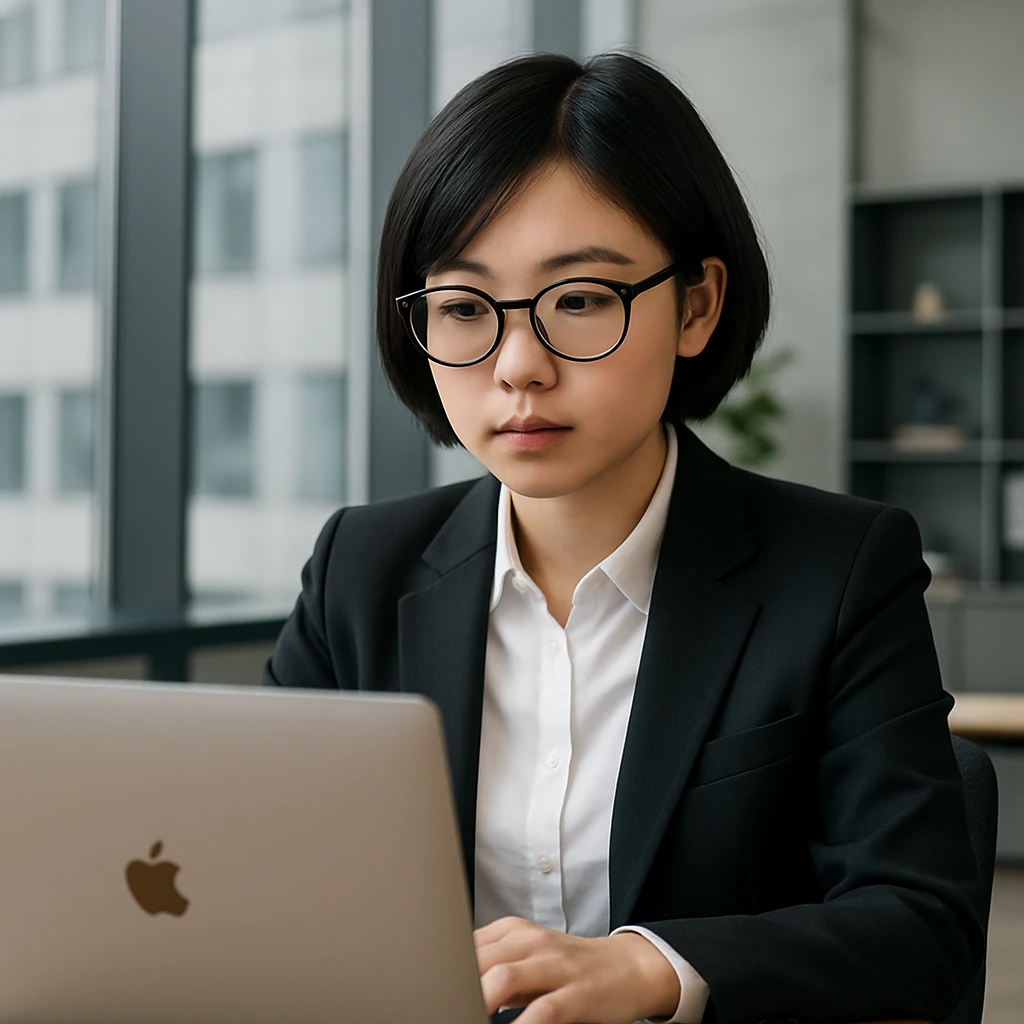 Asian girl with black short hair, wearing glasses, working on a Mac laptop, dressed in a suit, professional setting emoji