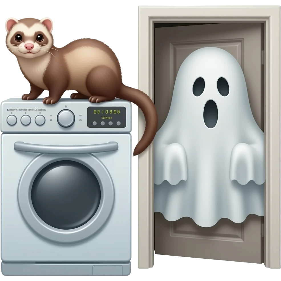 ferret sitting on top of a dishwasher with a ghost peeking out the open door emoji