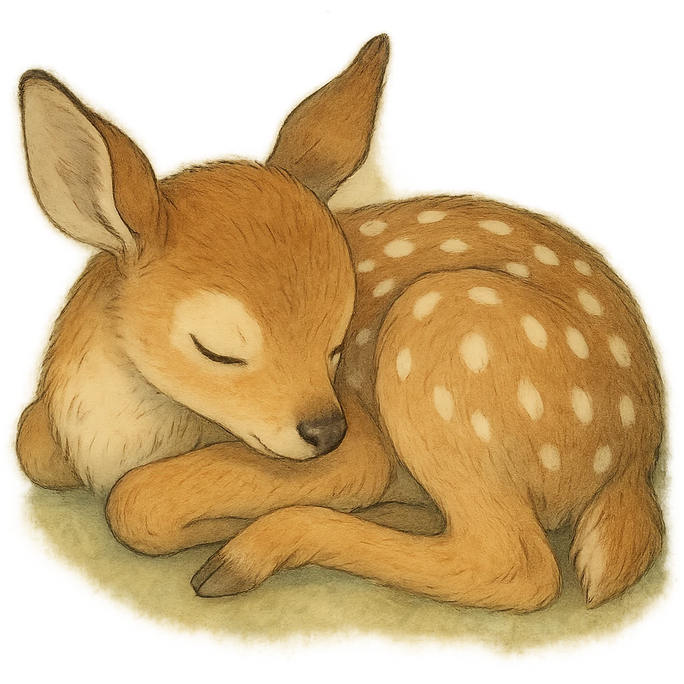 realistic baby fawn curled up sleeping, natural colors, soft, fairy-like atmosphere, no background, square size emoji