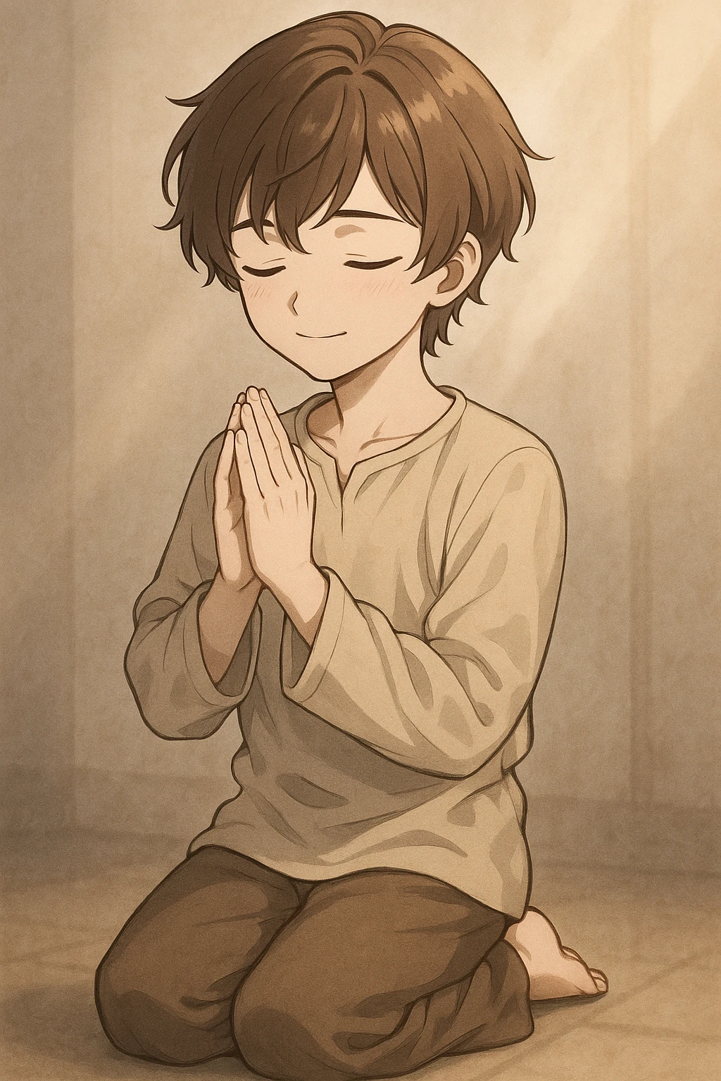 boykisser character kneeling in prayer, eyes closed, gentle smile emoji
