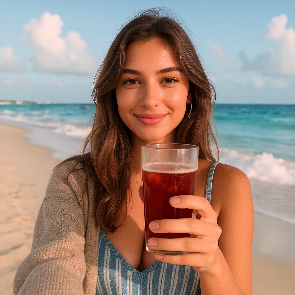take this picture of a woman and make it  beach photo with drink emoji