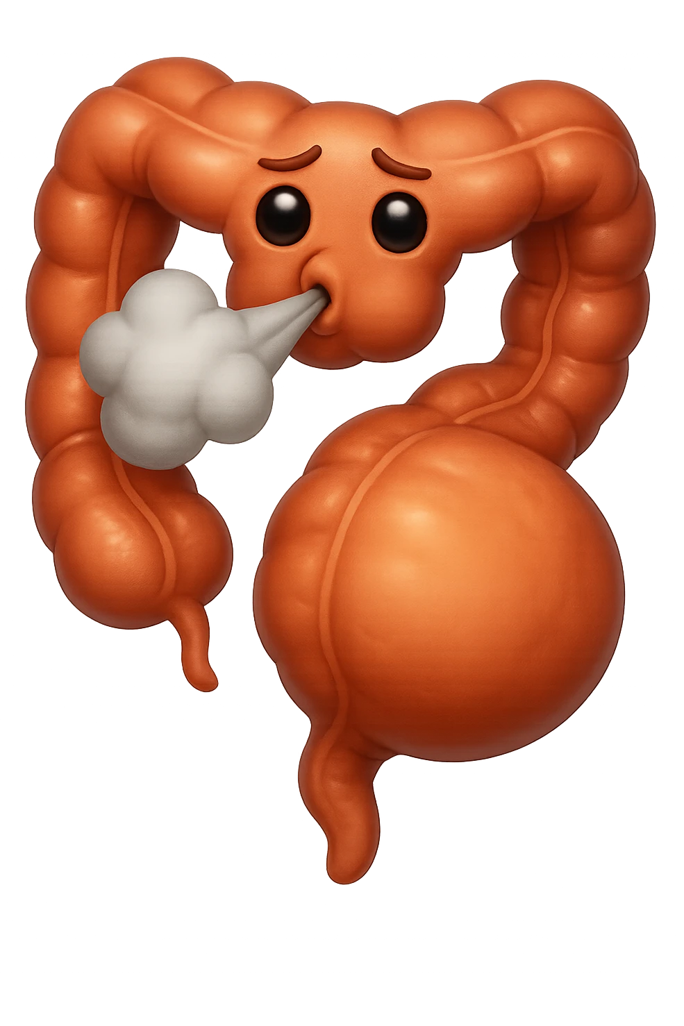 emoji stile iphone di un intestino che ingoia una nuvoletta di aria ben visibile e gli si gonfia la pancia, non fargli il naso, iperrealistico 4k emoji