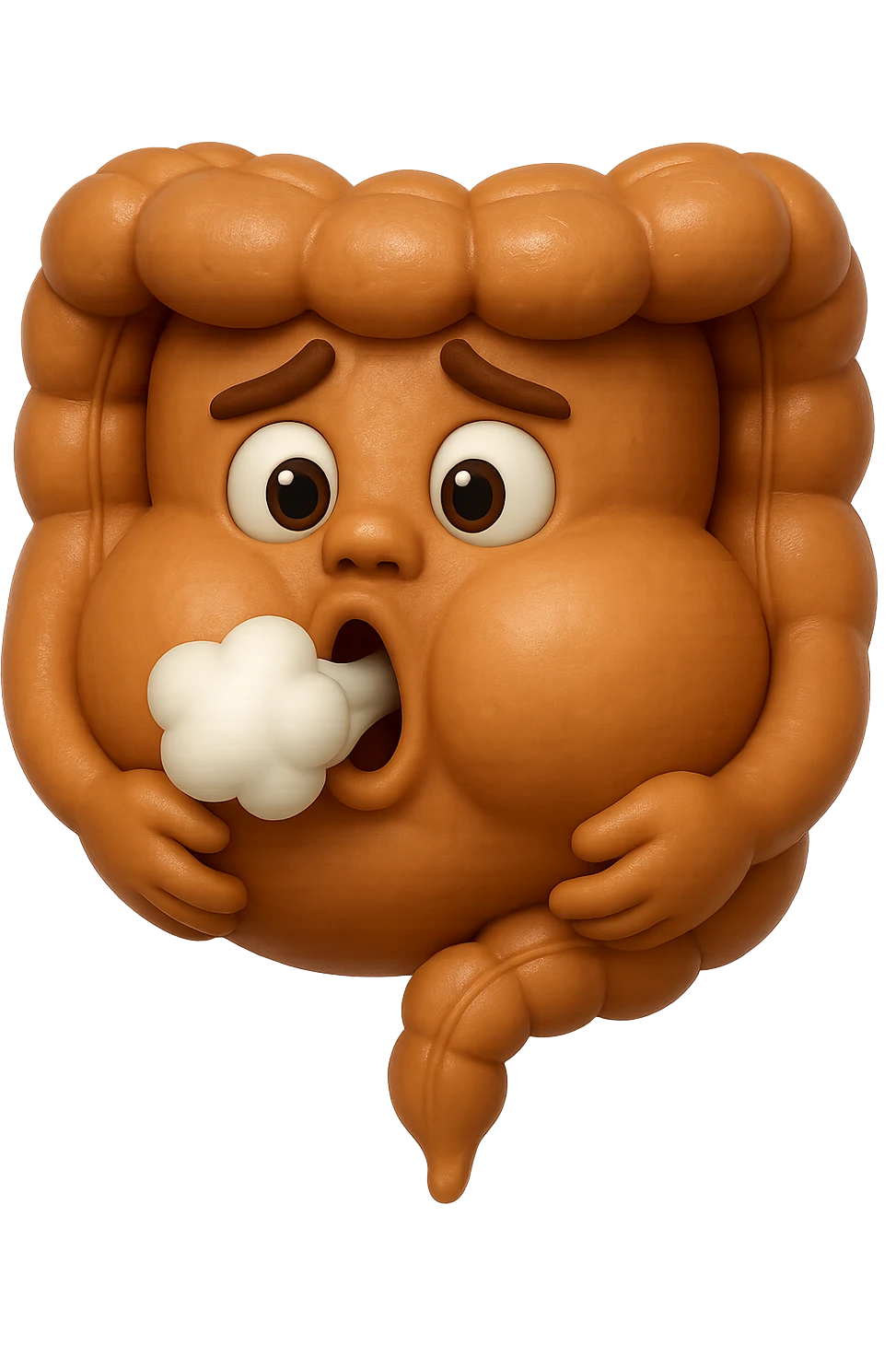 emoji stile iphone di un intestino che ingoia una nuvoletta di aria ben visibile e gli si gonfia la pancia, iperrealistico 4k emoji