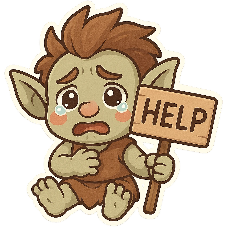 animated emoji of a troll holding a help sign, desperate expression, cute and approachable emoji