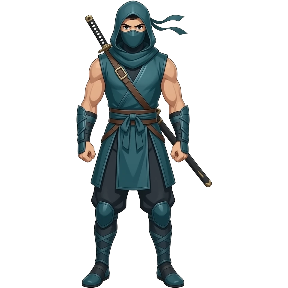 Anime Ninja all dark cyan with hood sleeveless cyan masks look superstrong and sword in back and ninja dark cyan pants very tall full body emoji