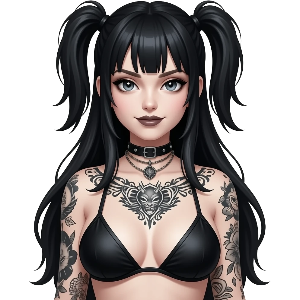 Flirty black hair goth tattoos big boob topless nude pail skin emoji
