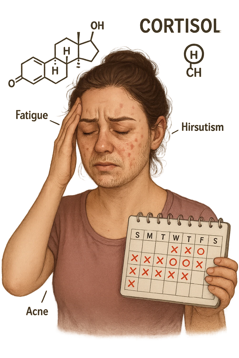 realistic and symbolic representation of elevated cortisol in a woman with PCOS, symptoms include stress, fatigue, acne, hirsutism, irregular cycle, graphic elements representing cortisol hormone, no background, 2:3 aspect ratio emoji