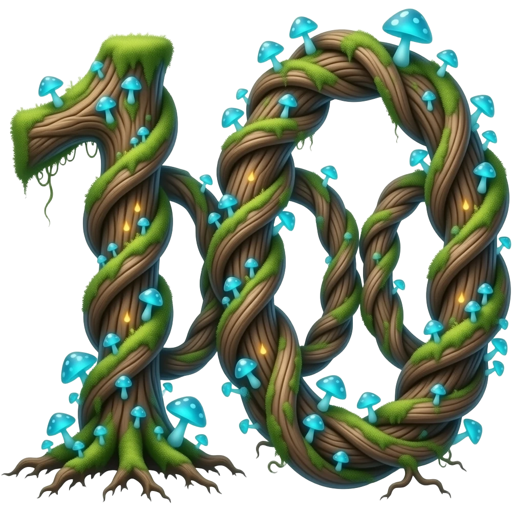Magical letter '1000' formed from twisting ancient tree roots, overgrown with tiny neon-blue mushrooms and bioluminescent moss. Soft fireflies orbiting the letter, enchanted forest atmosphere, macro photography style emoji