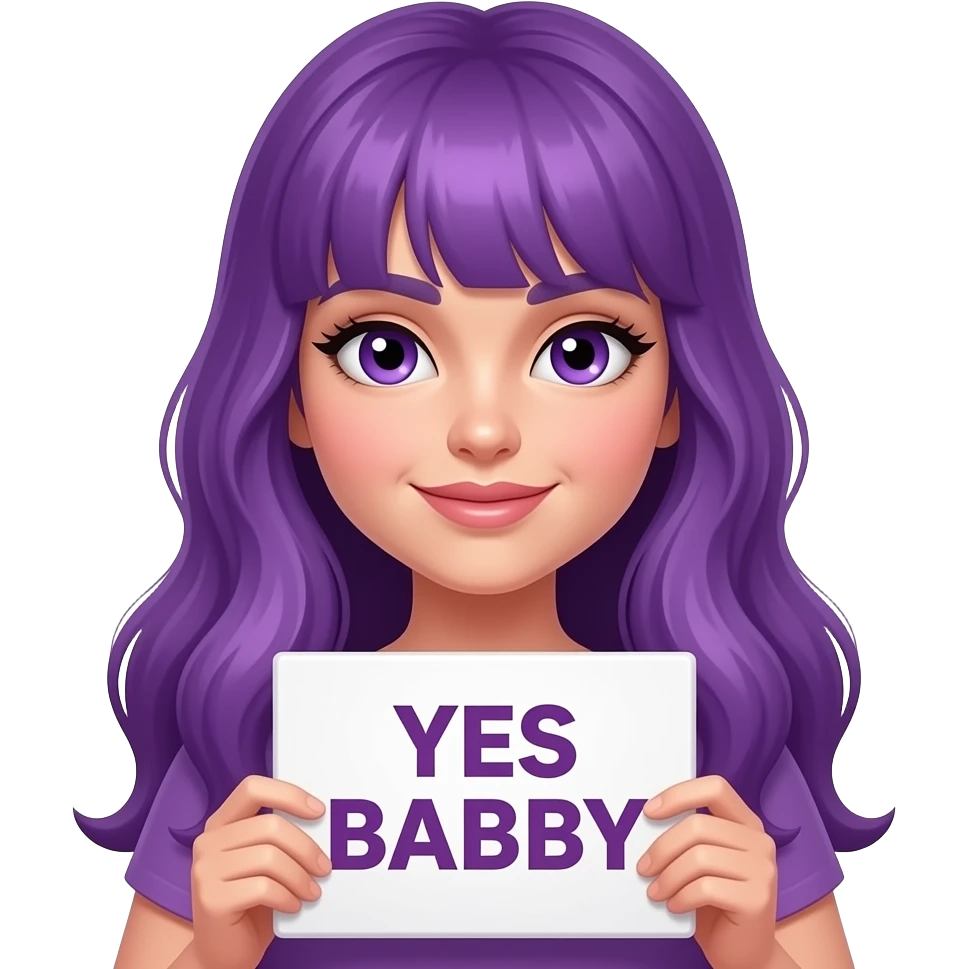 sexy girl with long purple hair and purple eyes holding a YES BABY sign emoji