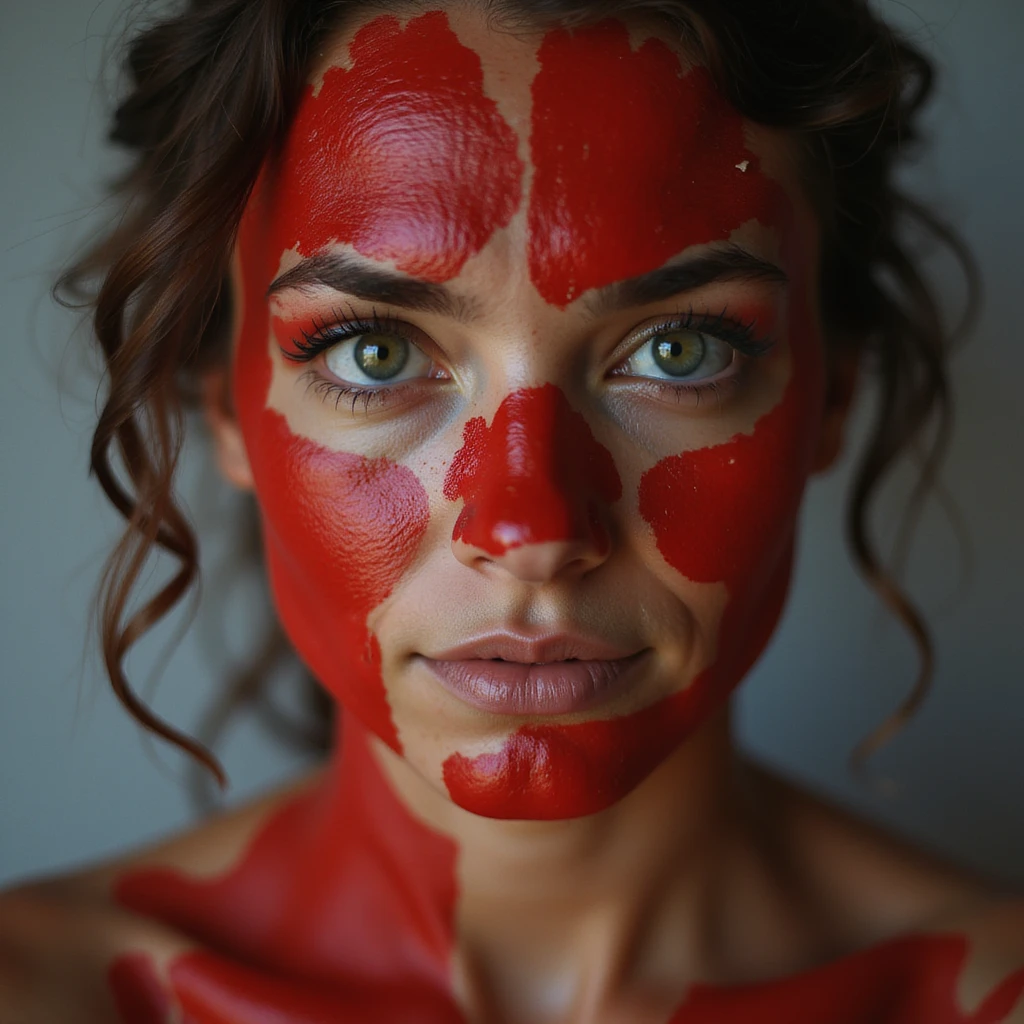 a woman with red paint on her face, realistic style emoji