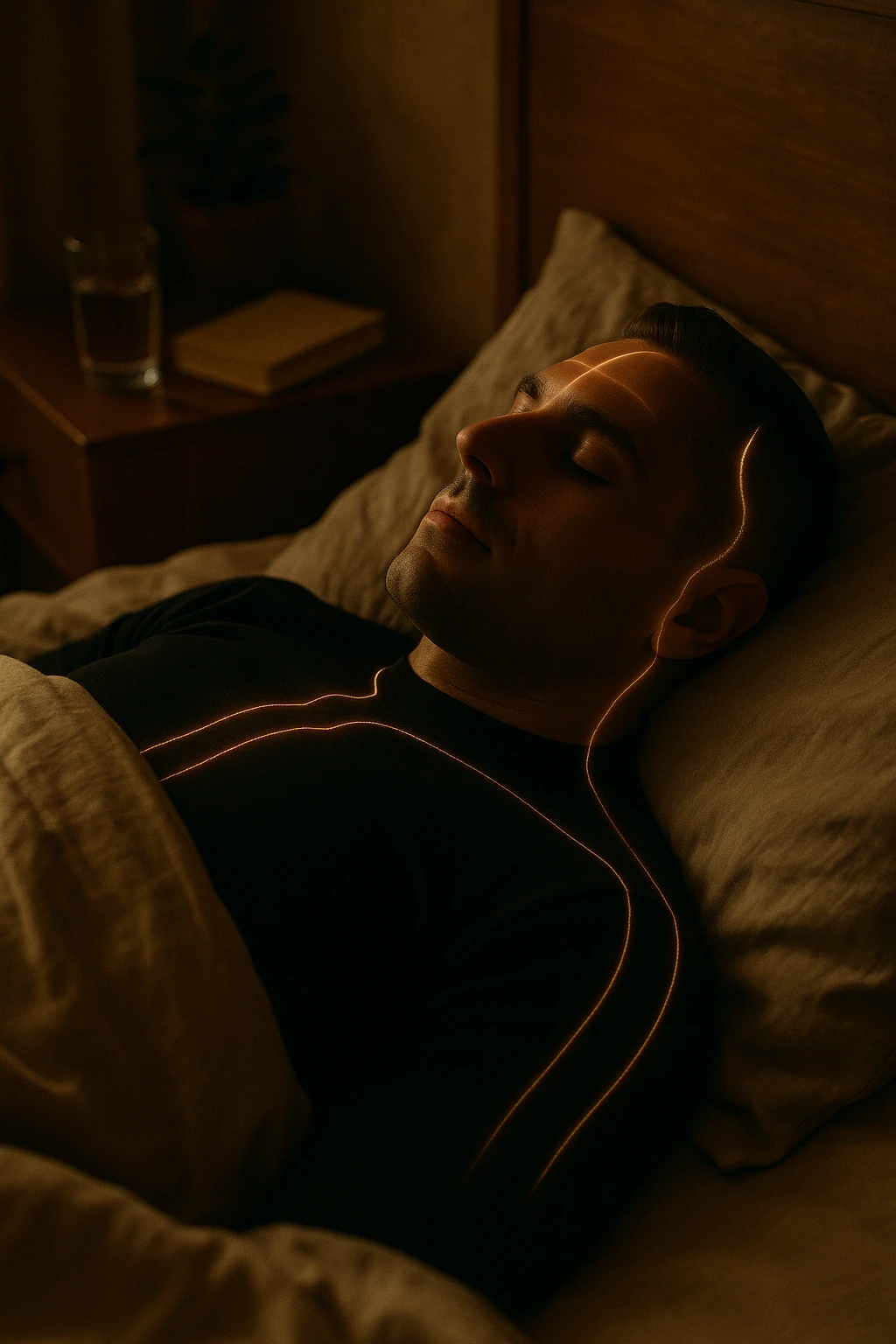 A cinematic close-up of a man in his early 30s sleeping peacefully on his back in a softly lit bedroom. His breathing is calm, chest rising slowly. The sheets are slightly crumpled, natural linen textures in warm beige tones. His face is relaxed, with faint light illuminating the side of his cheek and temple from a nearby window. Around his body, faint glowing lines follow the spine and head, symbolizing deep nervous system recovery and hormonal balance. On the nightstand: a glass of water, a book, and no electronics. The room is quiet and grounded, with natural elements like a small plant and a wooden headboard. Shot in 35mm cinematic style, with warm ambient tones, shallow depth of field, and a peaceful, healing atmosphere emoji