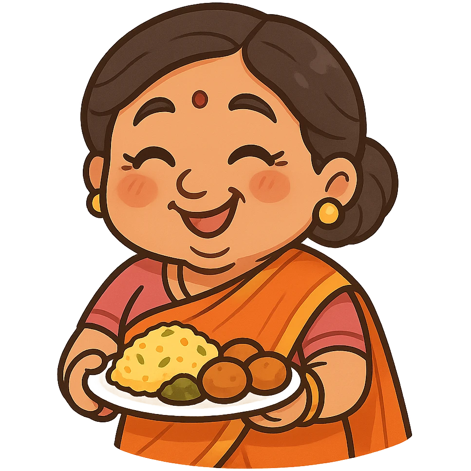 warm, loving, slightly meddling Indian auntie dressed in colorful saree, smiling, holding plate of food, expressive eyes, caring playful cartoon style, sticker emoji look emoji