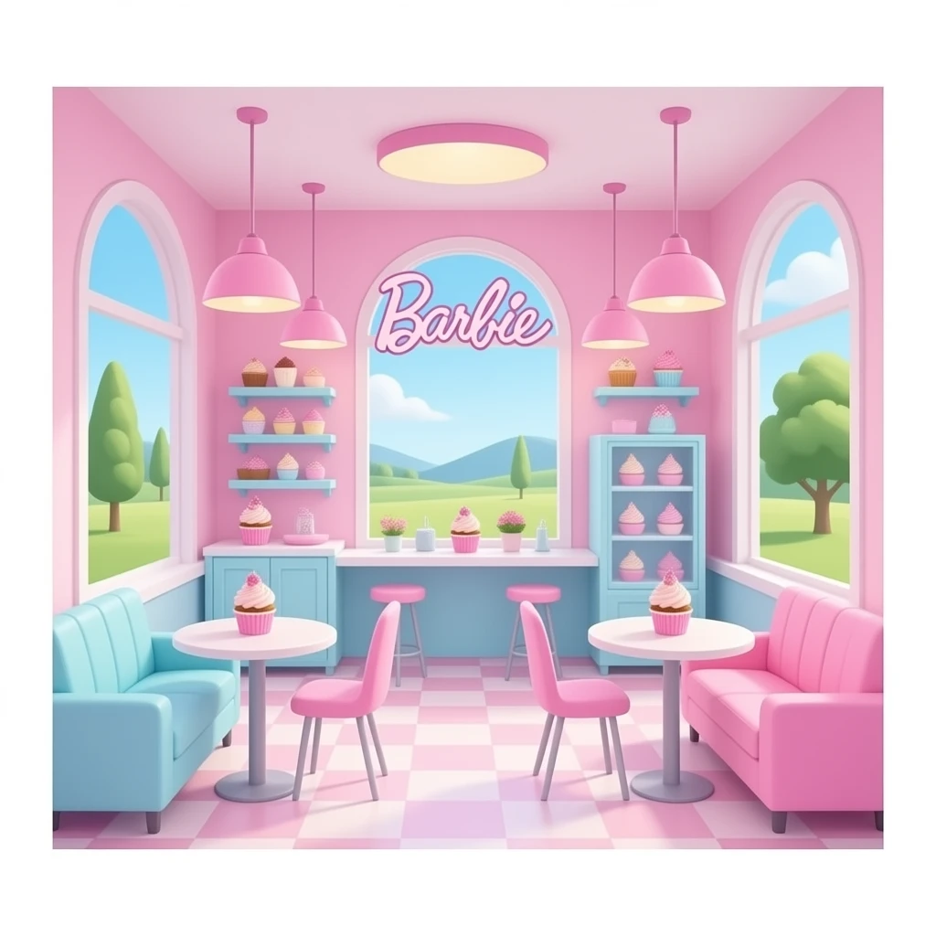 A sweet Barbie-style pastel cupcake café without view emoji