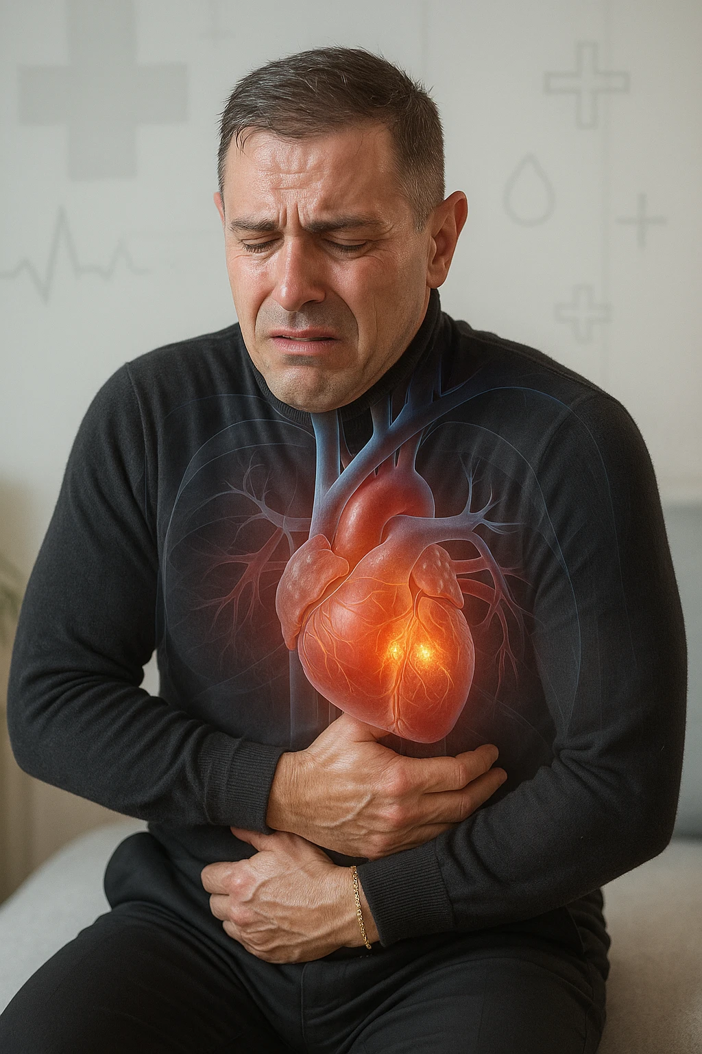 a middle-aged man sits on a bench, clutching his chest with a pained expression. His face is pale and sweaty, and his posture is hunched forward. A transparent overlay reveals his heart and major blood vessels, with highlighted areas indicating blockages or damage. The background is clean and clinical, with subtle medical icons. emoji