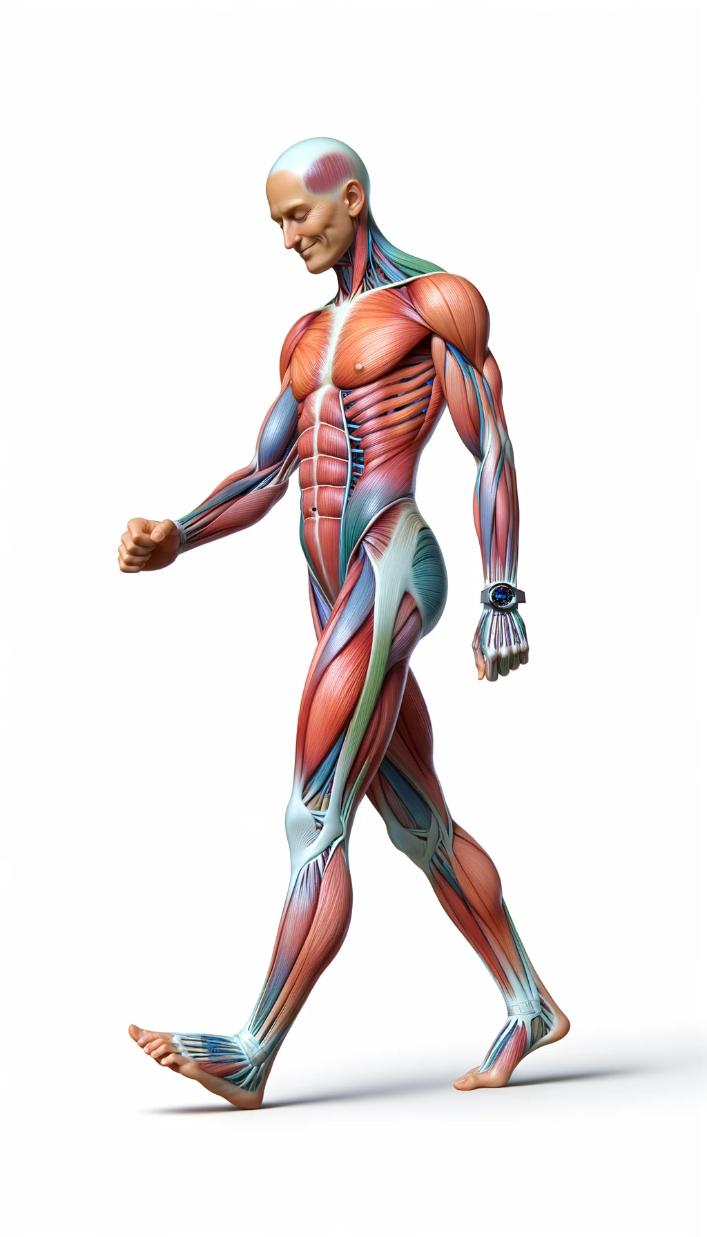corpo umano anatomico sereno e felice che cammina mentre osserva il suo orologio contapassi, colori realistici del corpo, espressione soddisfatta, iperrealistica 4k, isolato su sfondo bianco emoji