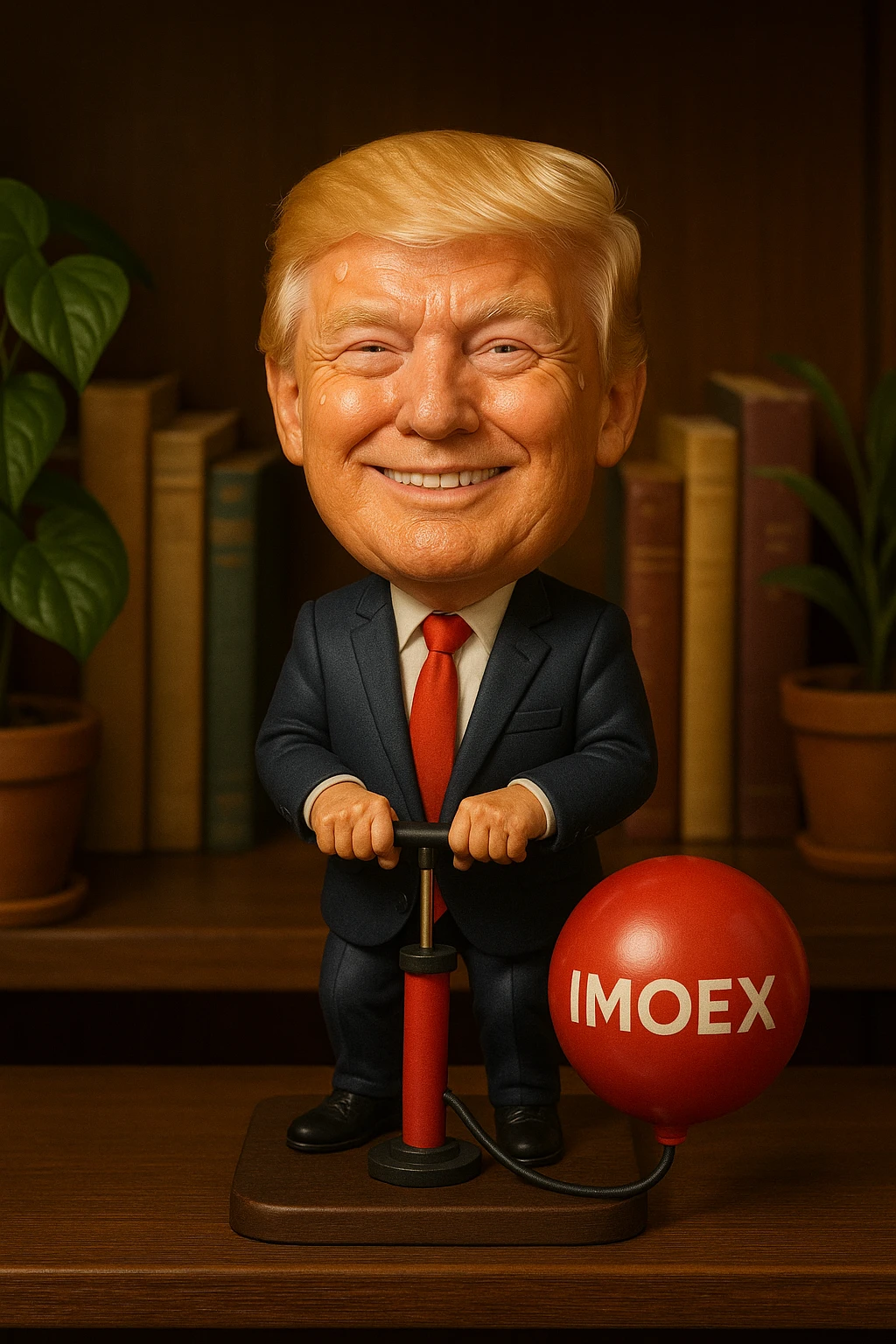 Дональд Трамп  улыбается в поте лица качает через насос, который подключен к шарику, который символизирует фондовый рынок и на нём написано IMOEX emoji