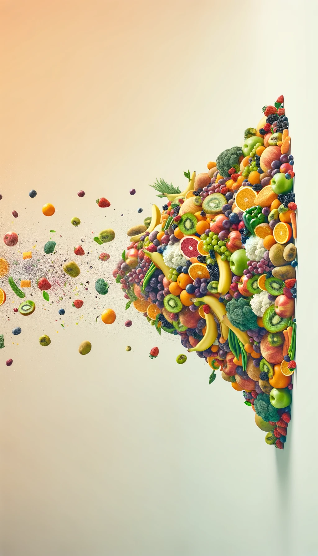 donna che mangia una montagna di frutta e verdura, SFONDO CHIARO NEUTRO, colori realistici, iperrealistico 4k emoji
