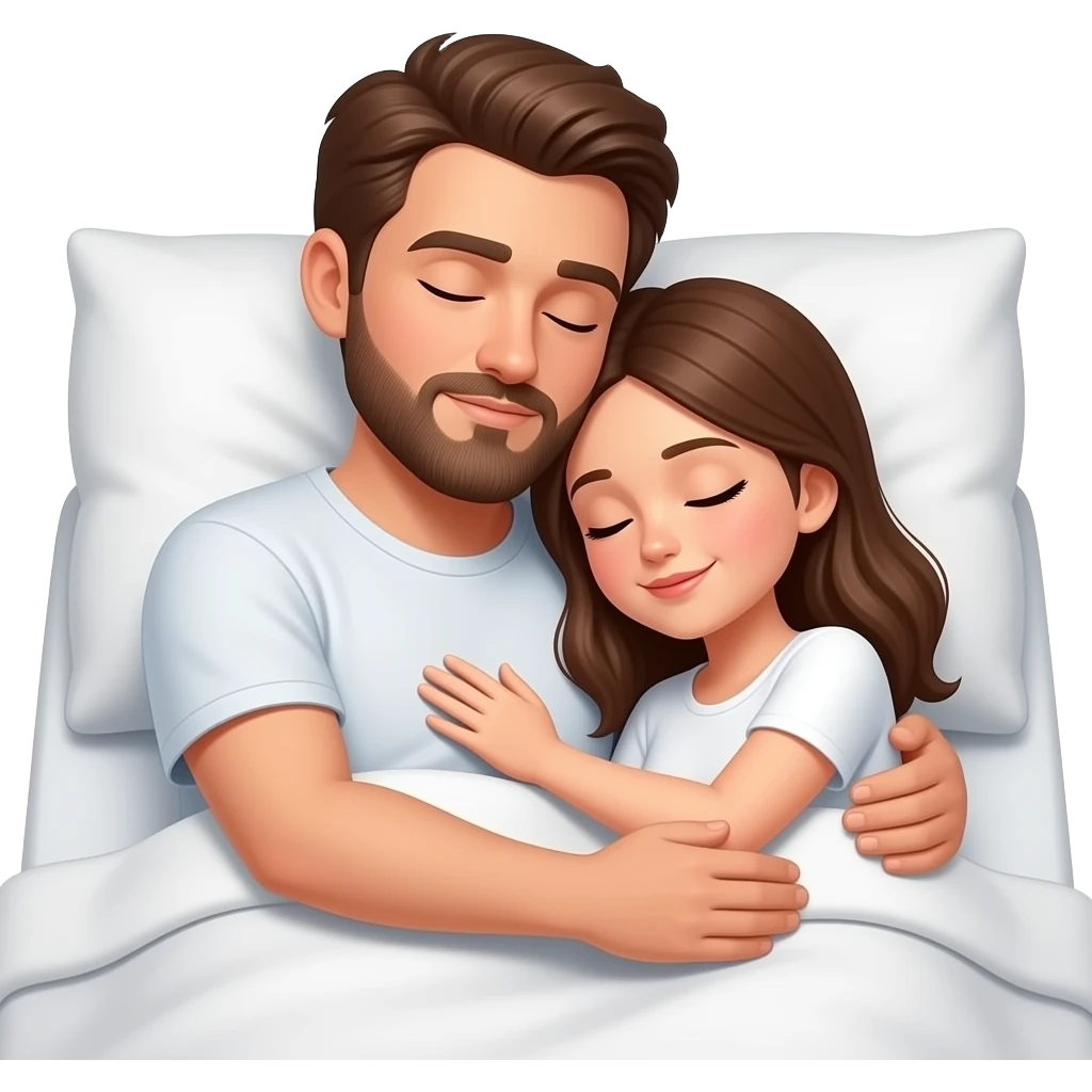 Realistic white man brown hair with beard hugging while sleeping in bed with white girl brown hair emoji