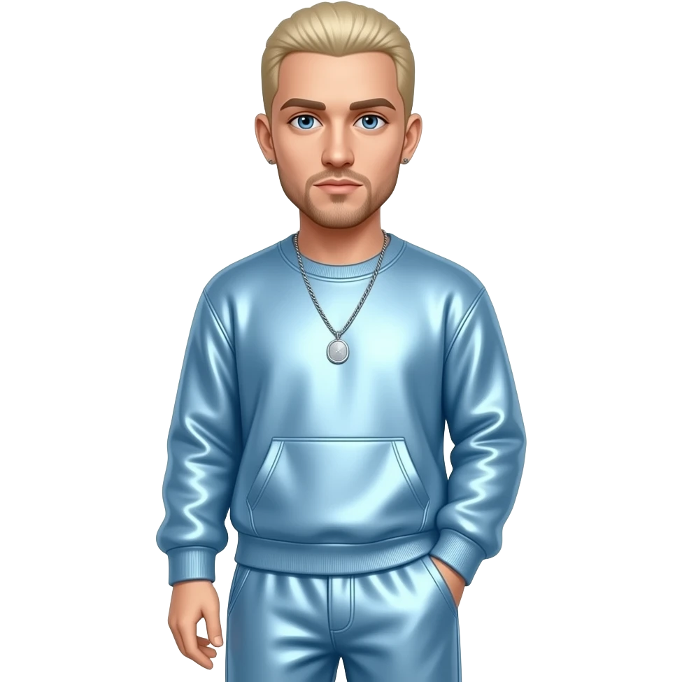 Eminem with blue eyes, blonde buzz cut hair, light blue metallic sweatshirt, light blue metallic baggy pants, necklace emoji