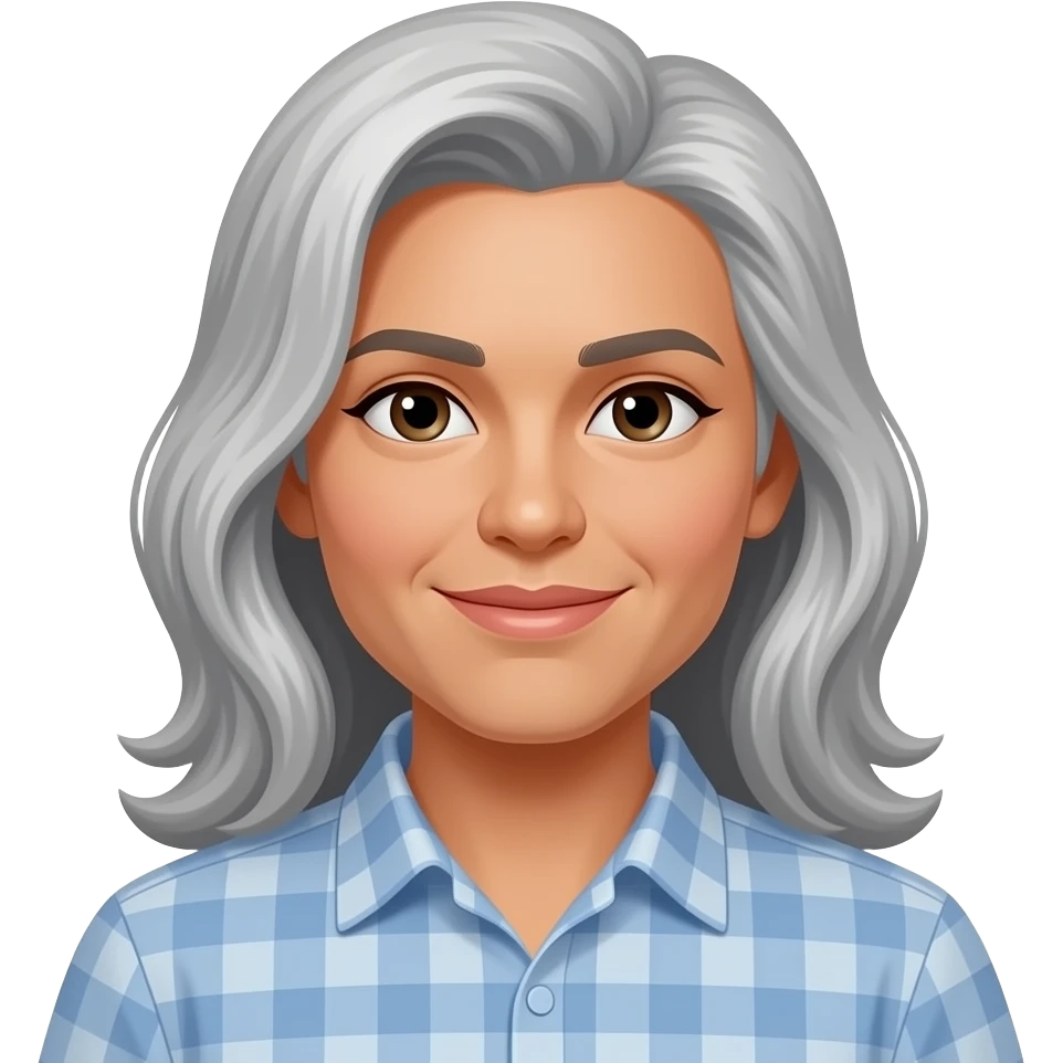 Hispanic woman salt and pepper hair and bald white man emoji