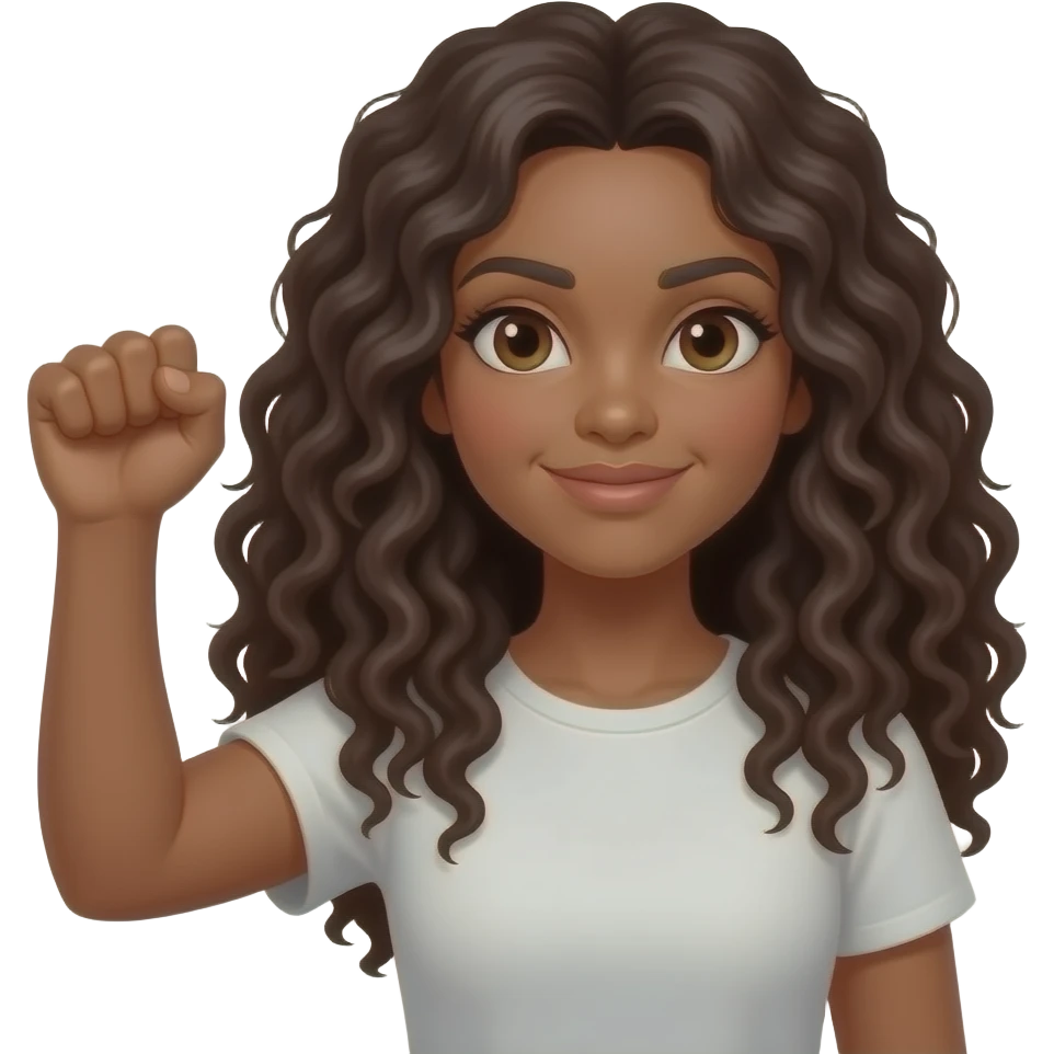 A brown woman with dark long curly hair holding one hand up like it’s gripping a cylinder closed fist emoji