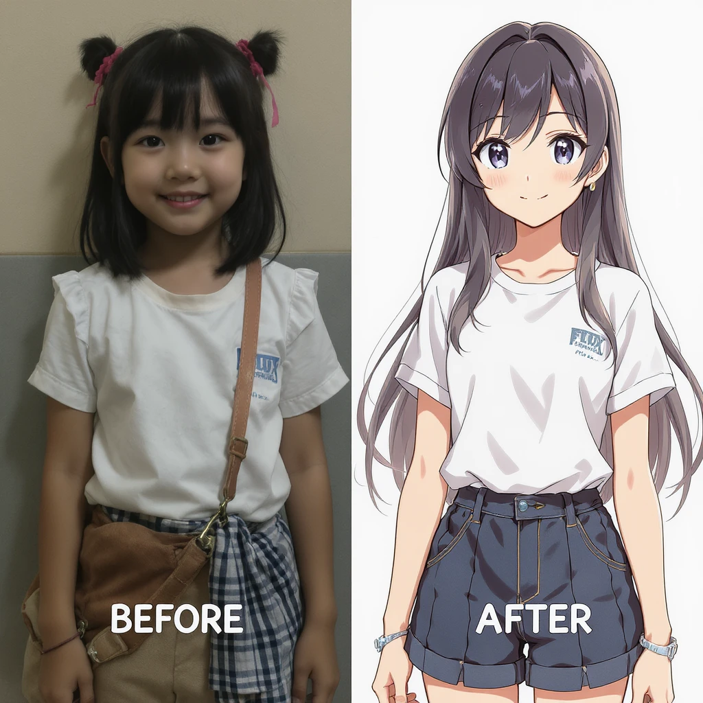 create before after image of a girl before is realsitic photo, after is anime version of her in same pose and clothes, add logo with text of a "FLUX Kontext Pro" emoji