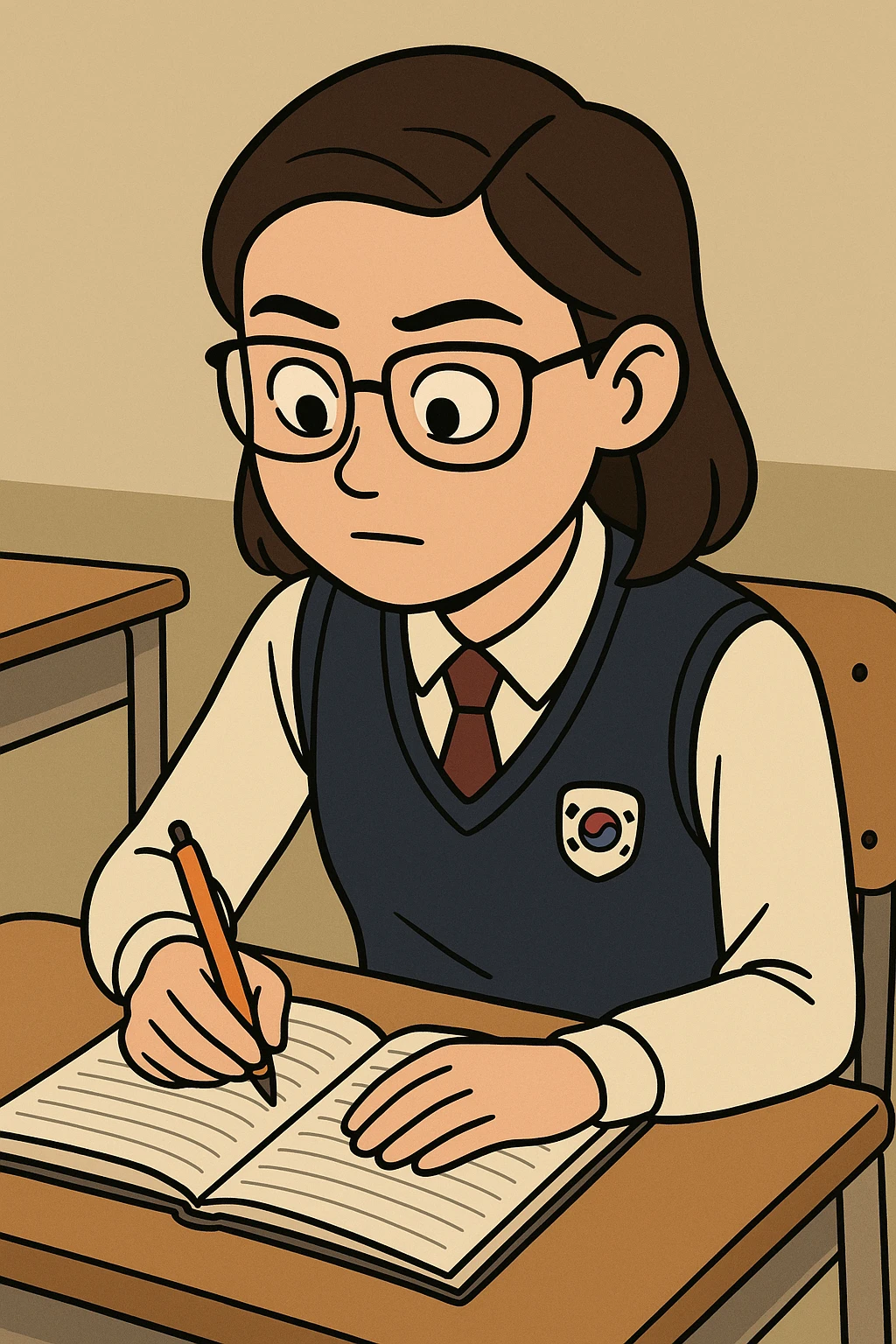 A South Korean high school student diligently taking notes in class, wearing a typical school uniform, with a studious expression, in a friendly cartoon style emoji