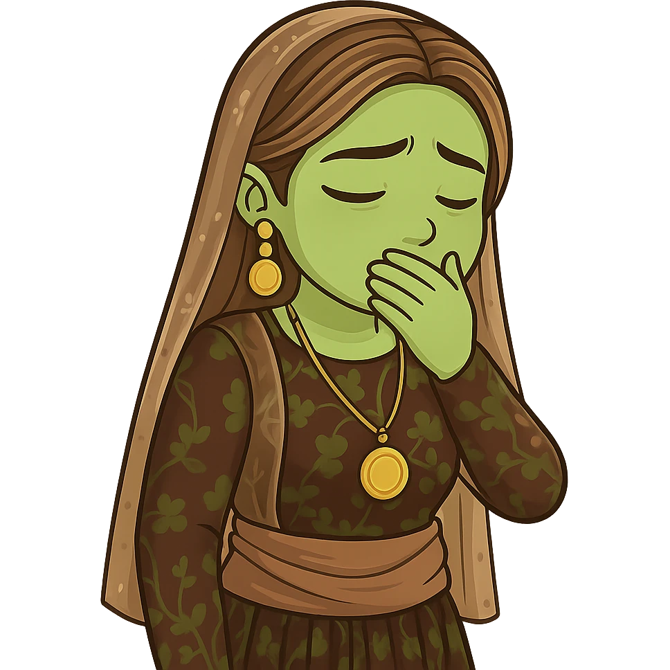 Kurdish cartoon sticker of the same woman in the new dress, feeling nauseous or about to vomit, hand over mouth, greenish face, no text, transparent background emoji