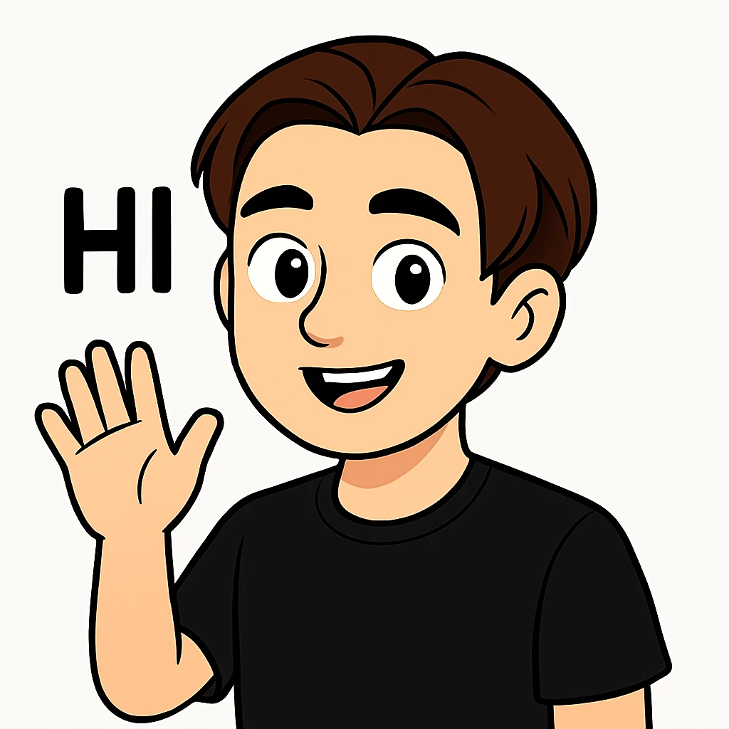 Edit the image of the boy to show him waving with his right hand, smiling, with the text "HI" above his hand. He is wearing a black shirt. Keep the face and style as in the original image. emoji