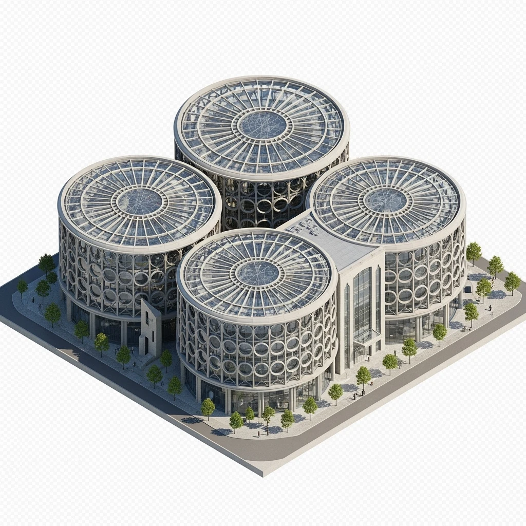 Isometric photorealistic illustration of Birmingham library highly detailed in semi-realistic, 3D miniature effect, transparent background. emoji