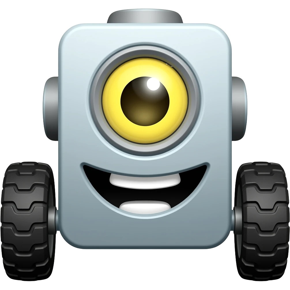 Wheeled smooth rectangle robot with a big funny smile and a yellow eye emoji
