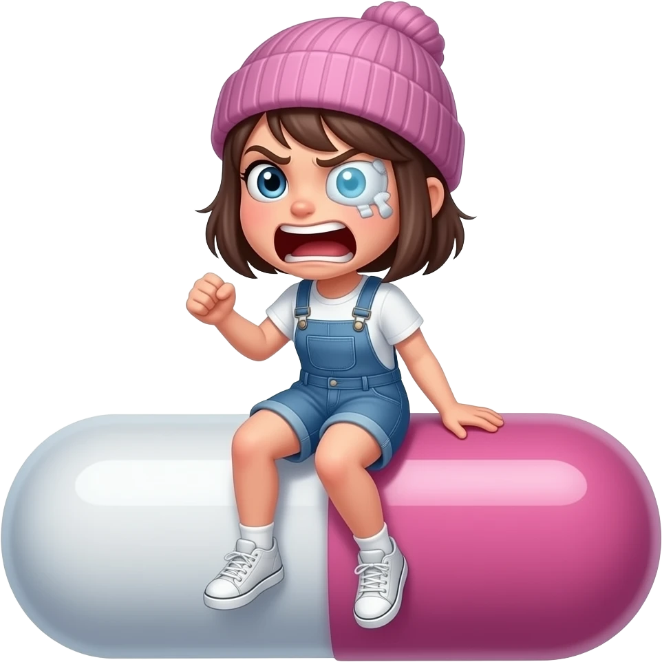 Tomgirl with short hair and beanie is shaking violently. The shakinf is indicated by a shimmering outline. She is sitting on a giant round Adderall pill.  She had one injured eye. emoji