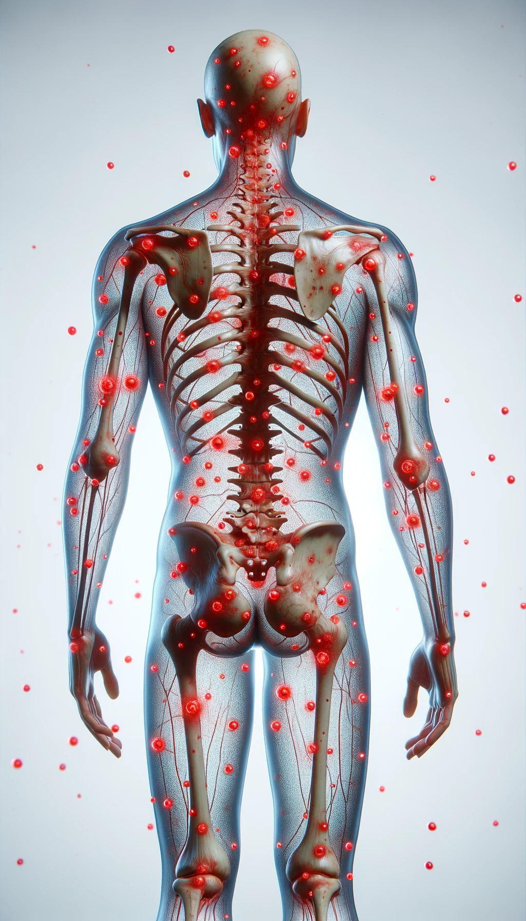 CORPO UMANO ANATOMICO CON RED SPOT DI INFIAMMAZIONE SPARSI SUL CORPO, SFONDO CHIARO, iperrealistico 4k emoji