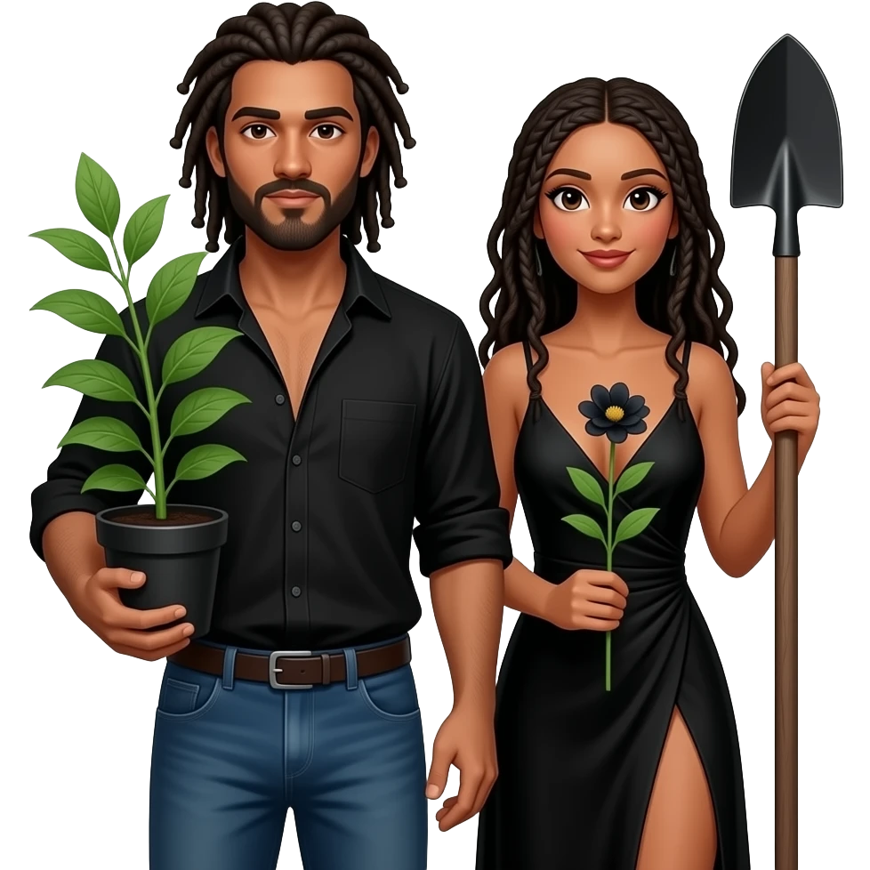 Sexy indian Gothic  female  and male gardeners wearing black shirts , chests showing, with dreadlocks. Man holding a green plant in a black pot in one hand and black shovel in other hand and woman holding a black flower. Open shirt. Fantasy emoji