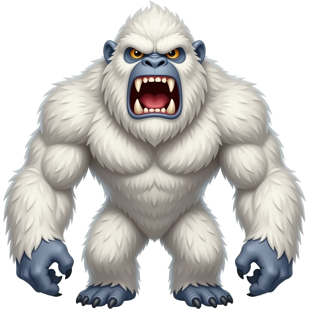 Fierce yeti roaring in beast mode, upper body only, thick white fur, sharp fangs, angry eyes, muscular chest emoji