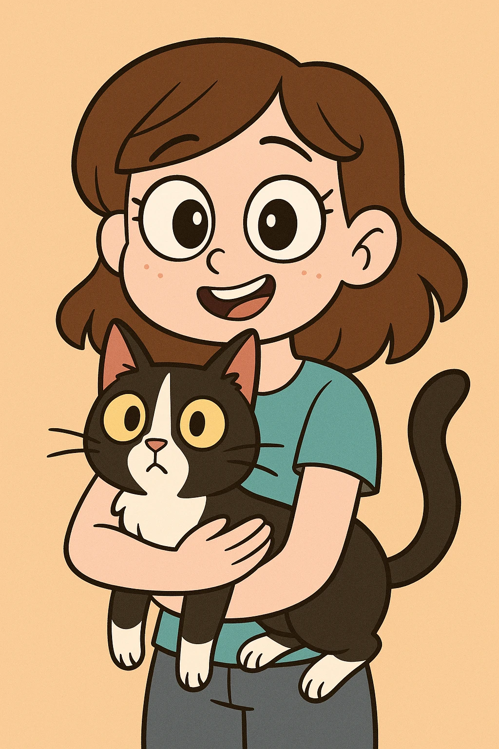 cartoon style portrait of a white-skinned girl with brown hair holding a black and white cat, big eyes, cute and colorful, simple background emoji