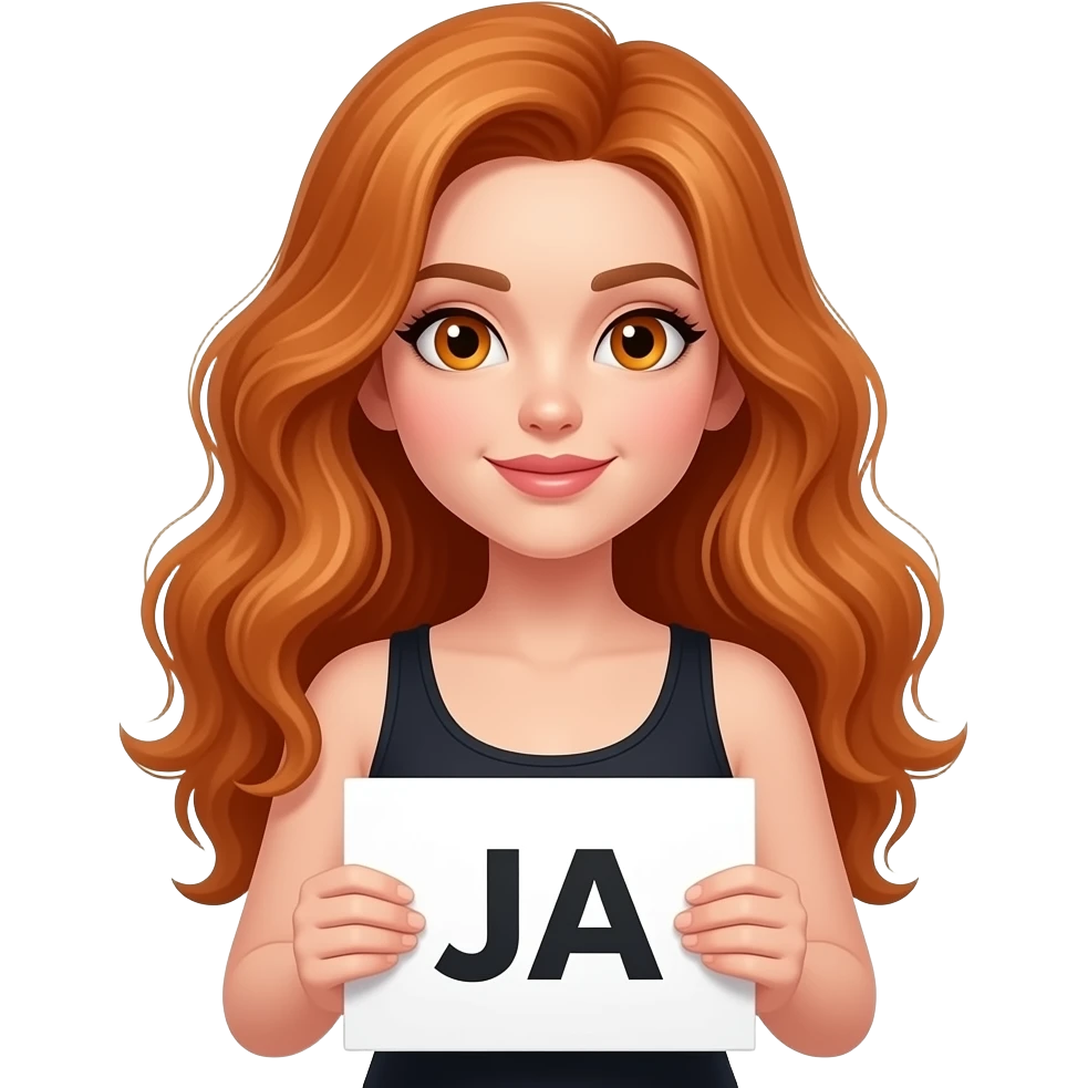 sexy girl with long wavy ginger hair and ginger eyes wearing a black tanktop is holding a white colored sign with JA written on it emoji