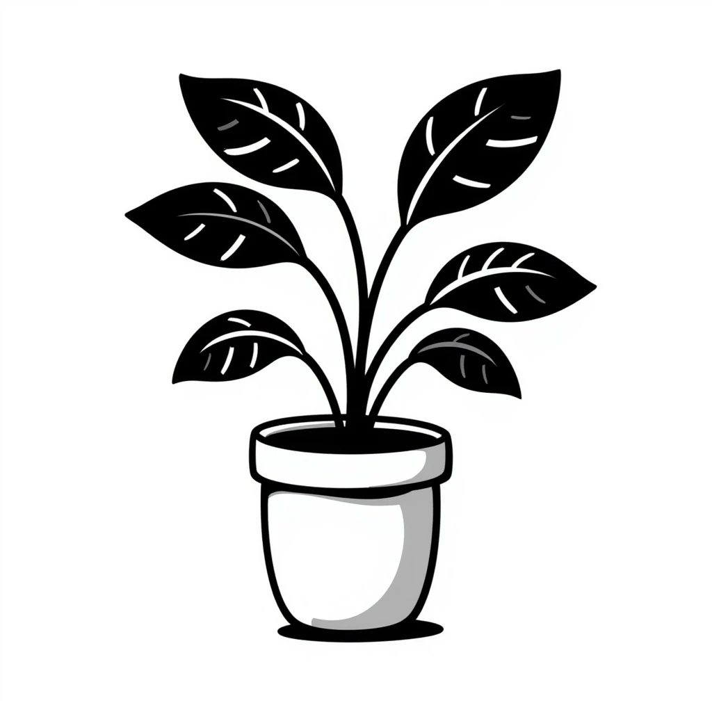 black ink doodle of a leafy plant in a pot, Notion style emoji