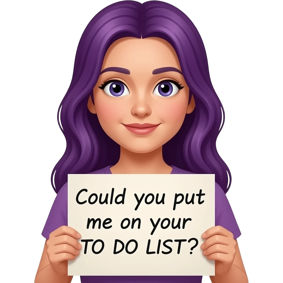 girl with long purple hair holding a Could you put me on your TO DO LIST? sign emoji