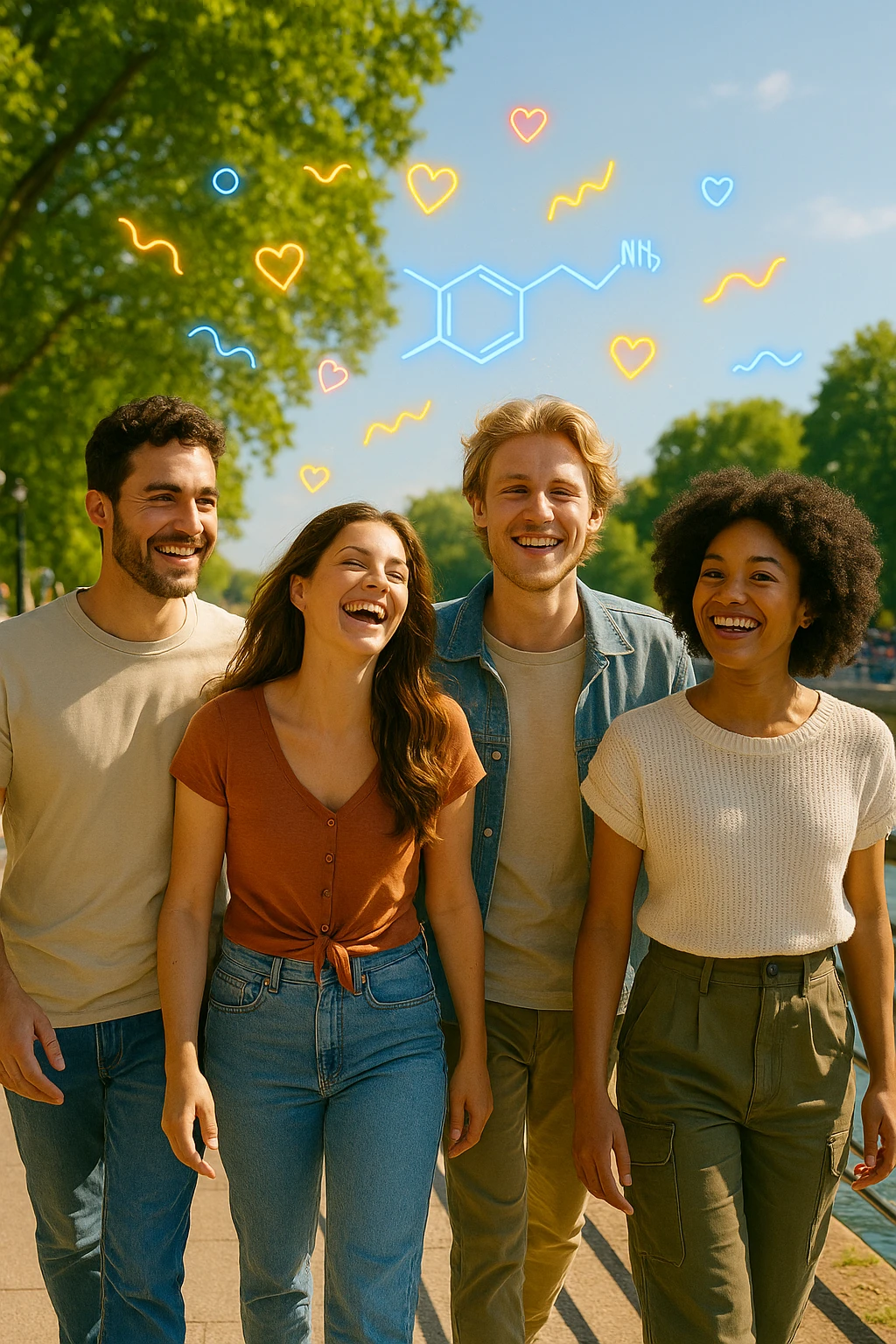 a group of friends strolls along a riverside promenade on a bright, sunny day. Their expressions are joyful and relaxed, and the sunlight creates a warm, golden glow. Above them, faint, colorful lines or icons represent the release of beneficial dopamine. The background is vibrant and full of life. emoji